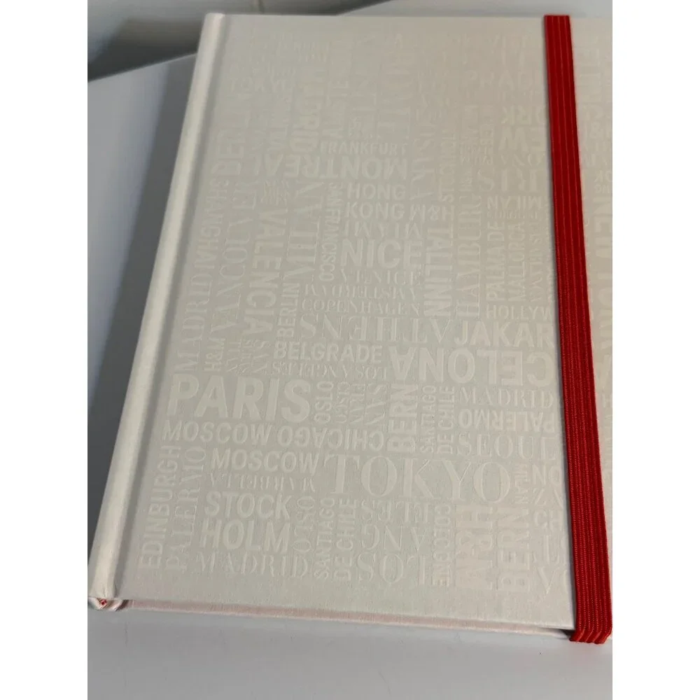 Set of 2 White Travel‎ Daily  Journals Embossed City Word Notebooks Red Band 9